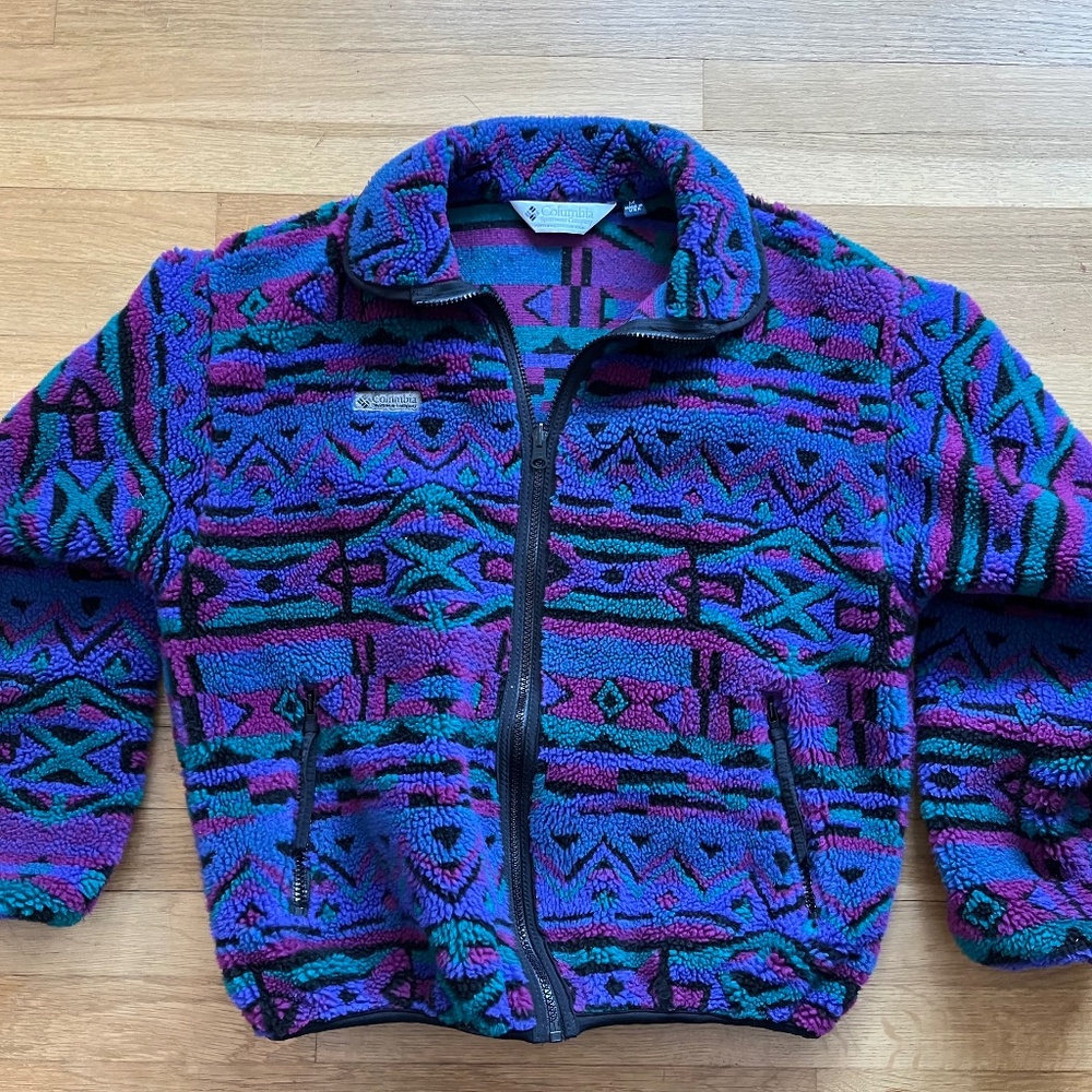 Vintage 90s Columbia Deep Pile Fleece Jacket Purple Aztec Print Women’s M